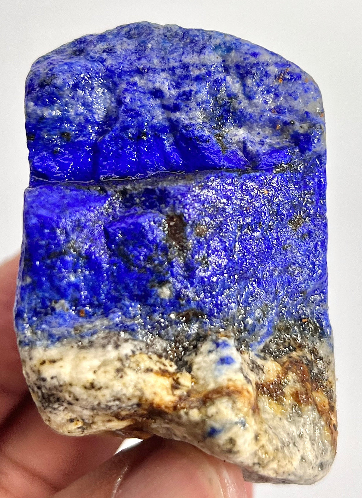 212g cube-shaped Lapis Lazuli with Pyrite
Front-facing shot of boxy Lapis Lazuli stone
Golden Pyrite streaks on dense Lapis Lazuli