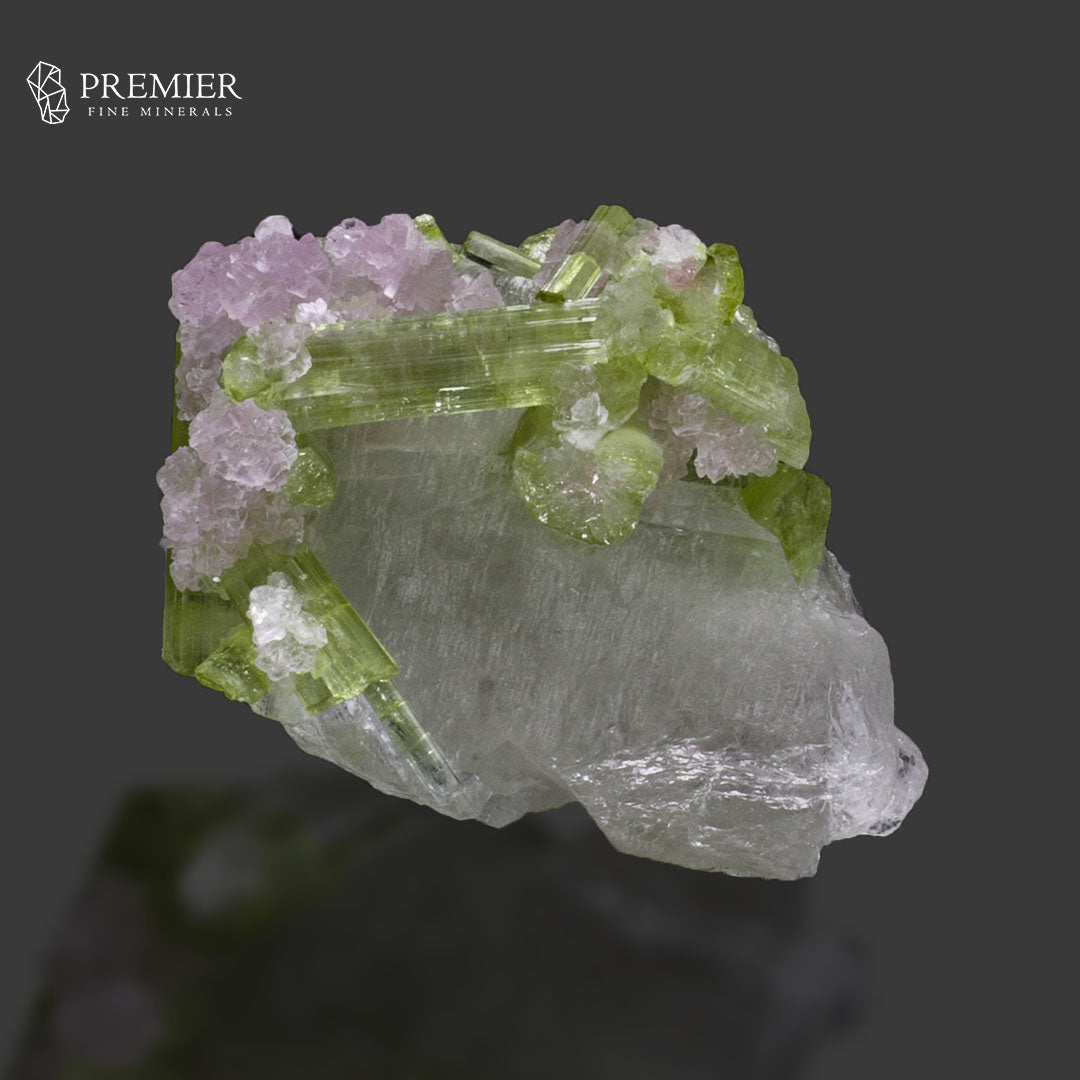 Green Tourmaline with Lepidolite on Quartz – Afghanistan
