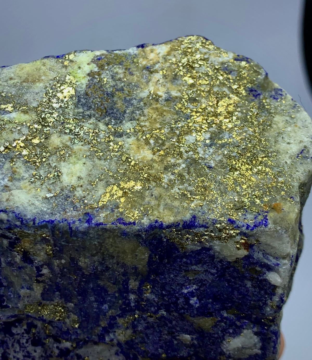 A raw mineral specimen featuring a textured surface with metallic gold flakes over a pale cream and gray base, with a deep blue lower section.