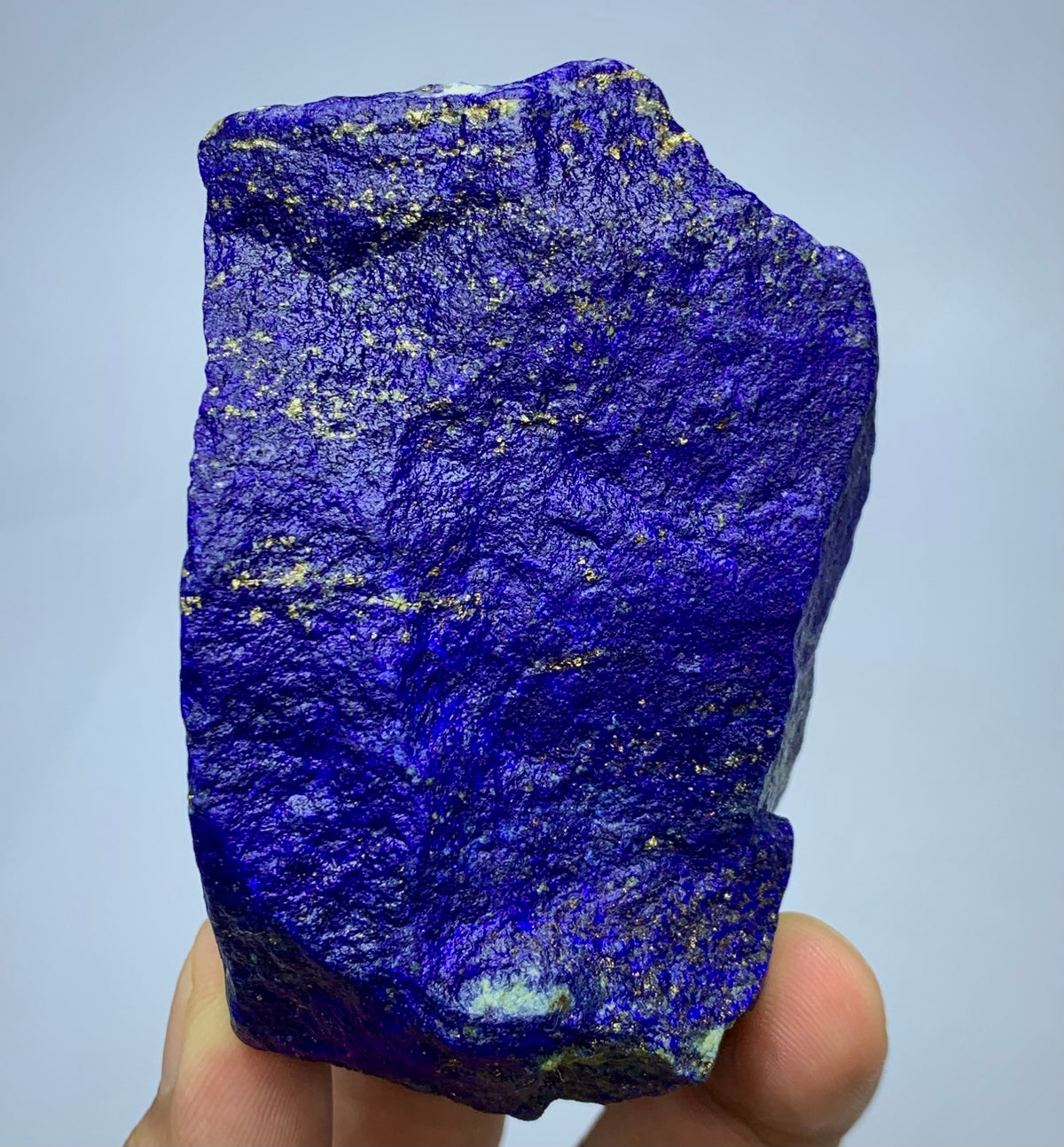 Close-up of Lazurite matrix showing indigo blue tone
Cube-like Lapis Lazuli specimen, top view
Raw Lapis Lazuli showing natural Calcite pockets
Afghan Lapis Lazuli specimen, side profile view
357g raw Lapis Lazuli specimen with Pyrite veins