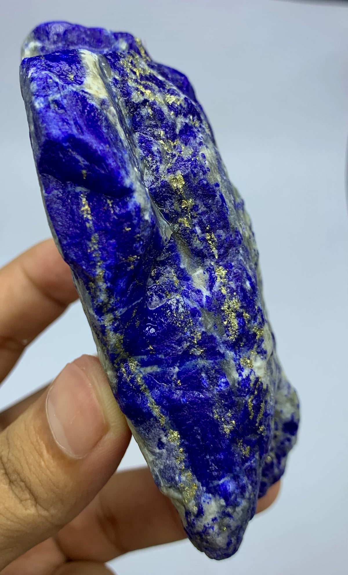 A hand holding a raw lapis lazuli crystal specimen, showing its deep blue color with metallic gold pyrite inclusions and white matrix.