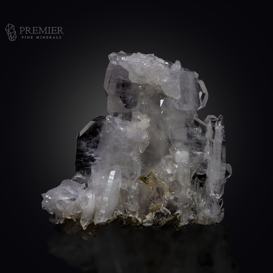 Large 212 Gram (1060 ct) Tabular Faden Quartz crystal cluster with Calcite (8.8 x 9.1 x 4.0 cm) from Pakistan. Features the rare Faden thread and a complex mineral association.