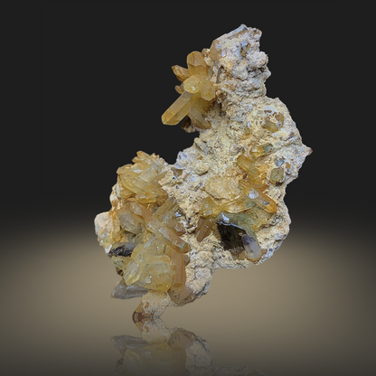 Mineral specimen with yellow and white crystals on a gradient background