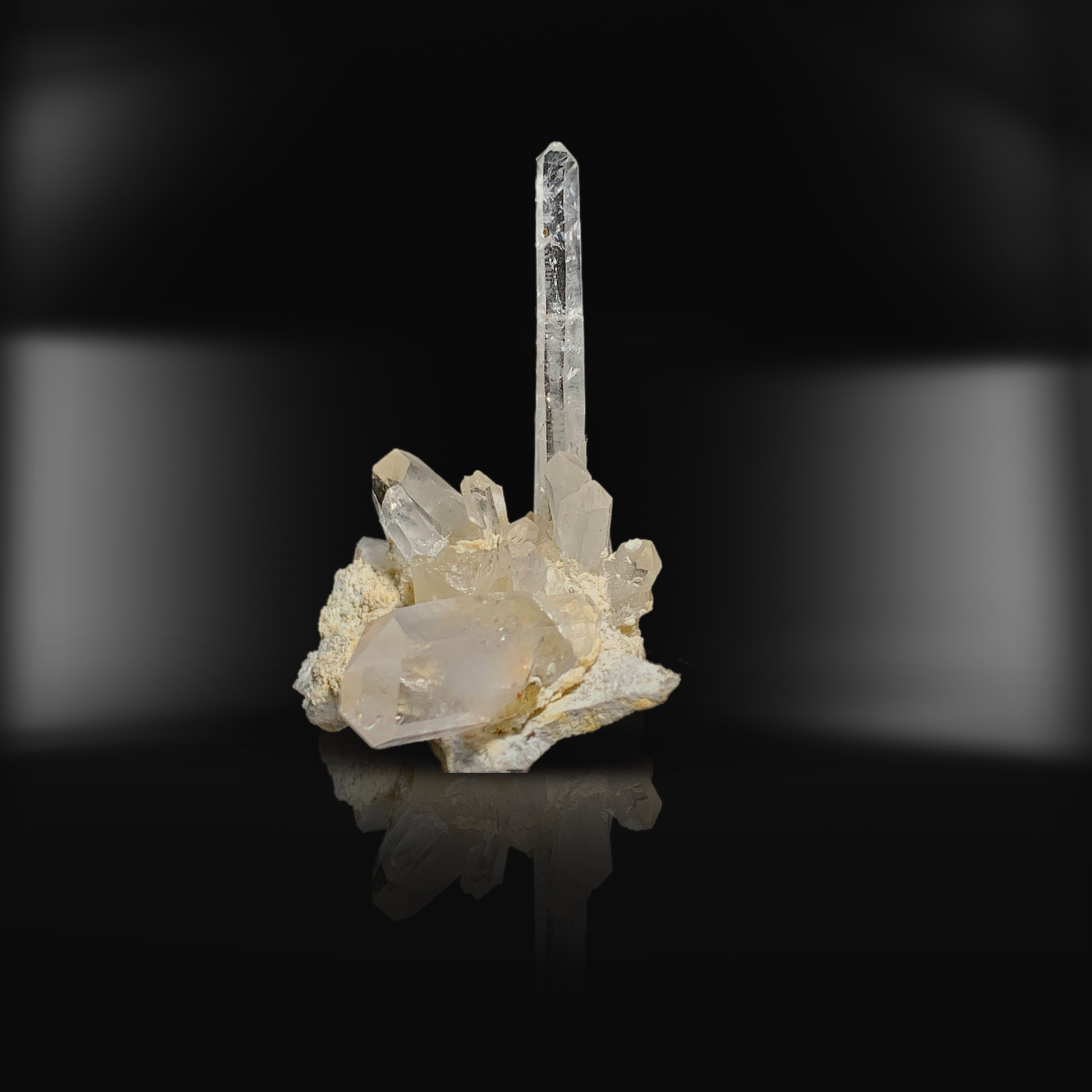Rare 22.8 Gram Faden Quartz crystal with white internal "thread," standing tall on matrix (49*47*35mm). Unique self-healing crystal collector's piece. Shop this rarity now!