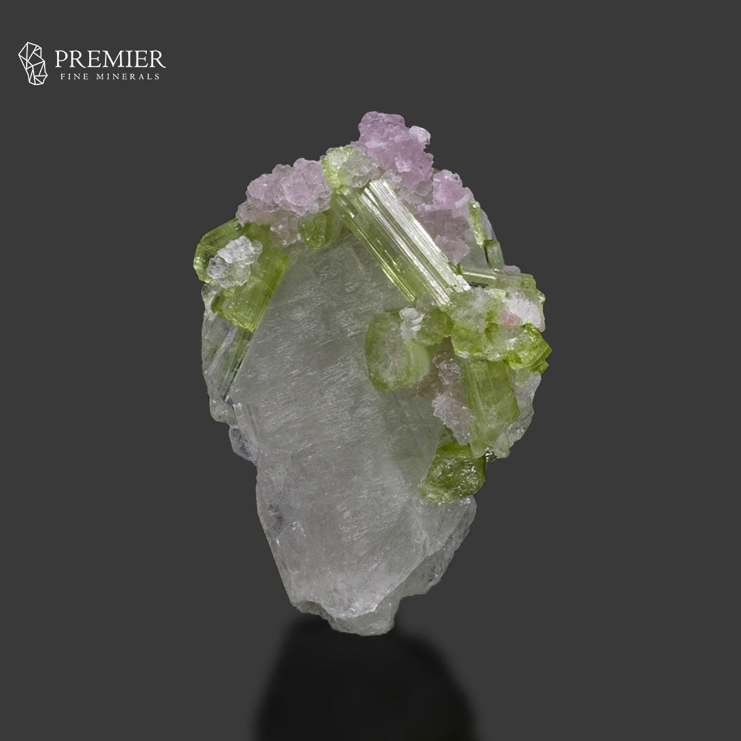 Green Tourmaline with Lepidolite on Quartz – Afghanistan