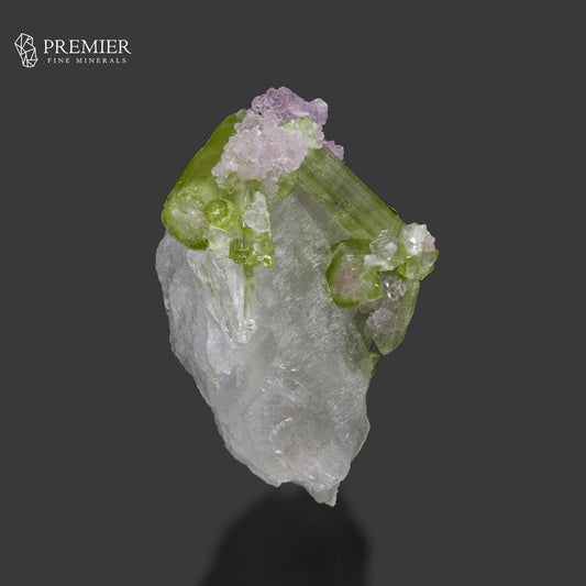 Green Tourmaline with Lepidolite on Quartz – Afghanistan