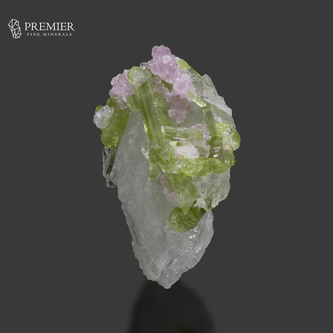 Green Tourmaline with Lepidolite on Quartz – Afghanistan