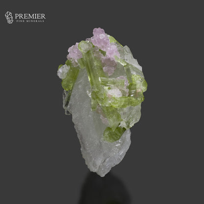 Green Tourmaline with Lepidolite on Quartz – Afghanistan