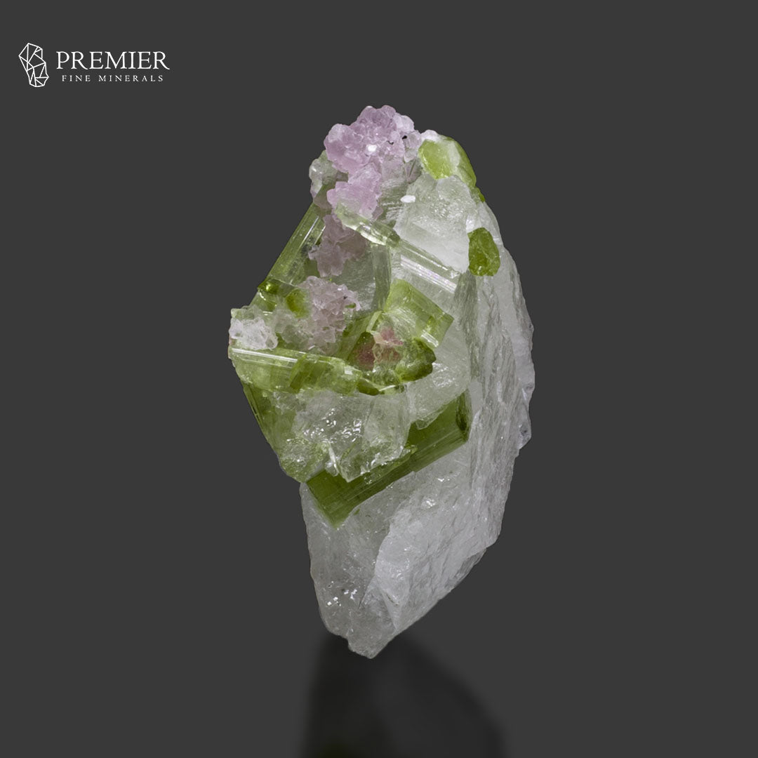 Green Tourmaline with Lepidolite on Quartz – Afghanistan