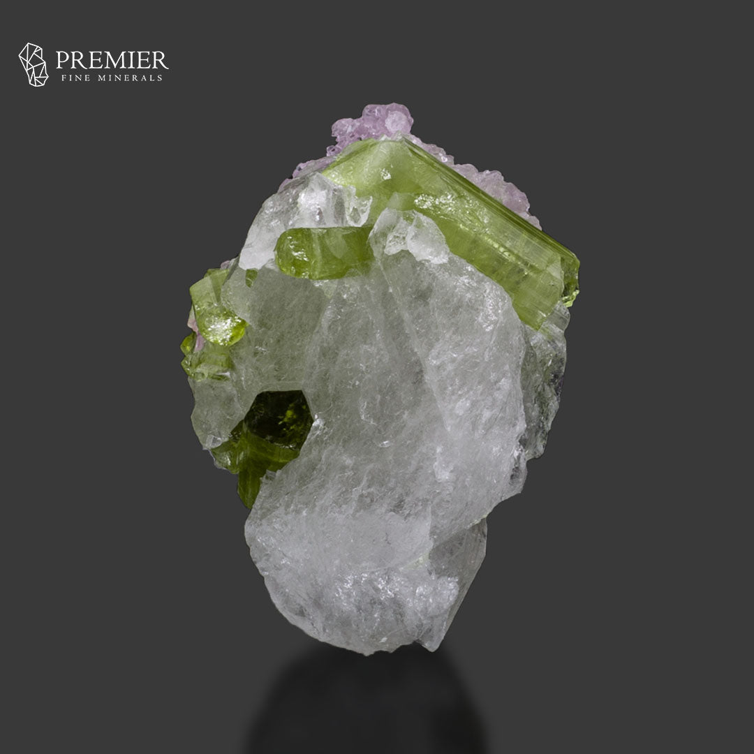 Green Tourmaline with Lepidolite on Quartz – Afghanistan