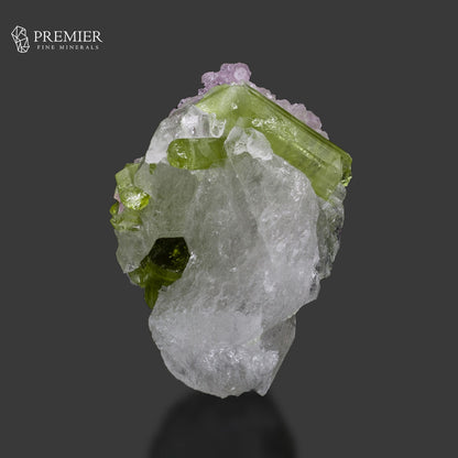 Green Tourmaline with Lepidolite on Quartz – Afghanistan