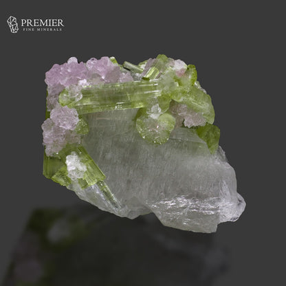 Green Tourmaline with Lepidolite on Quartz – Afghanistan