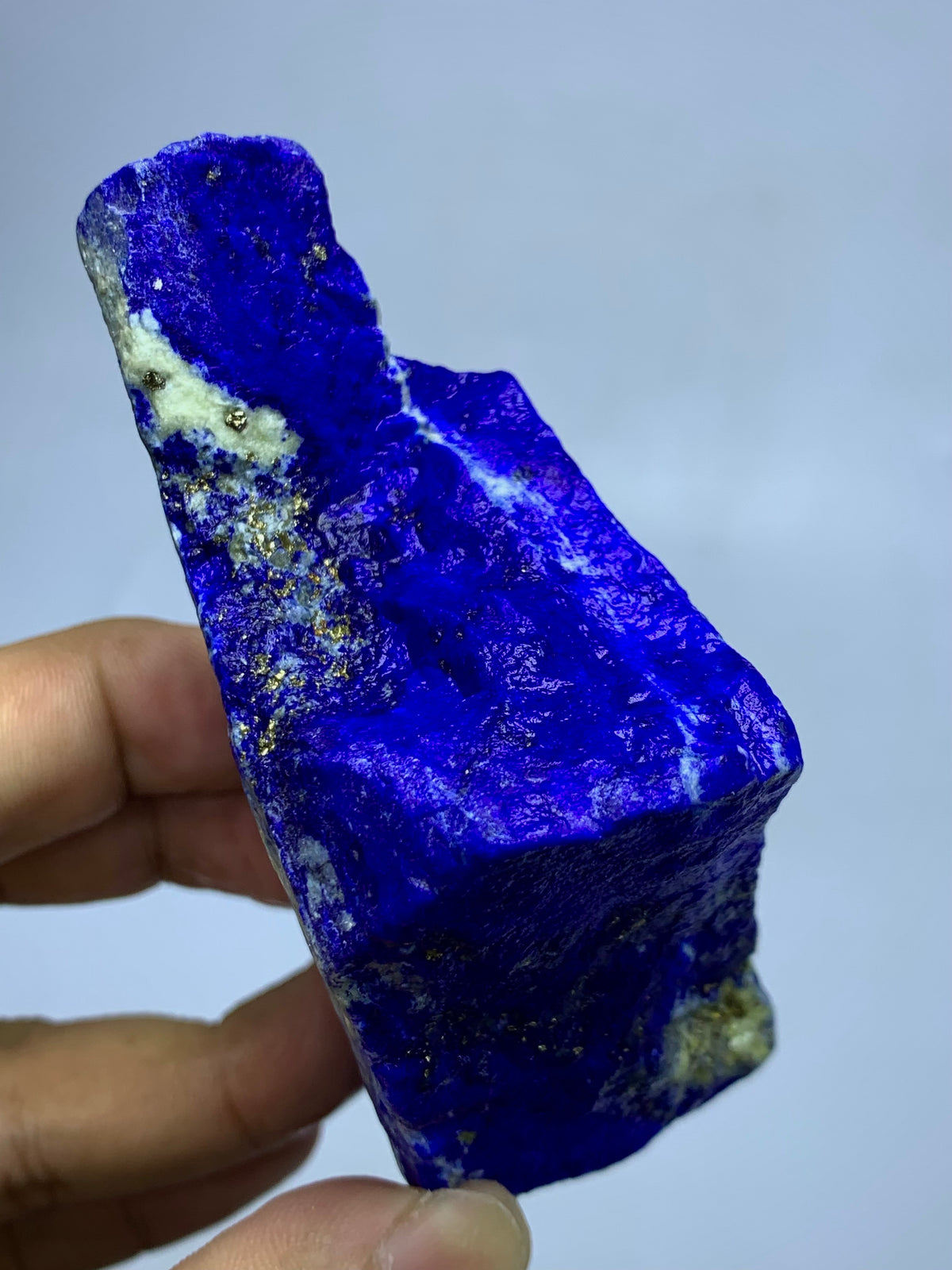280g unpolished Lapis Lazuli with Pyrite inclusions
Front face of long Afghan Lapis Lazuli specimen