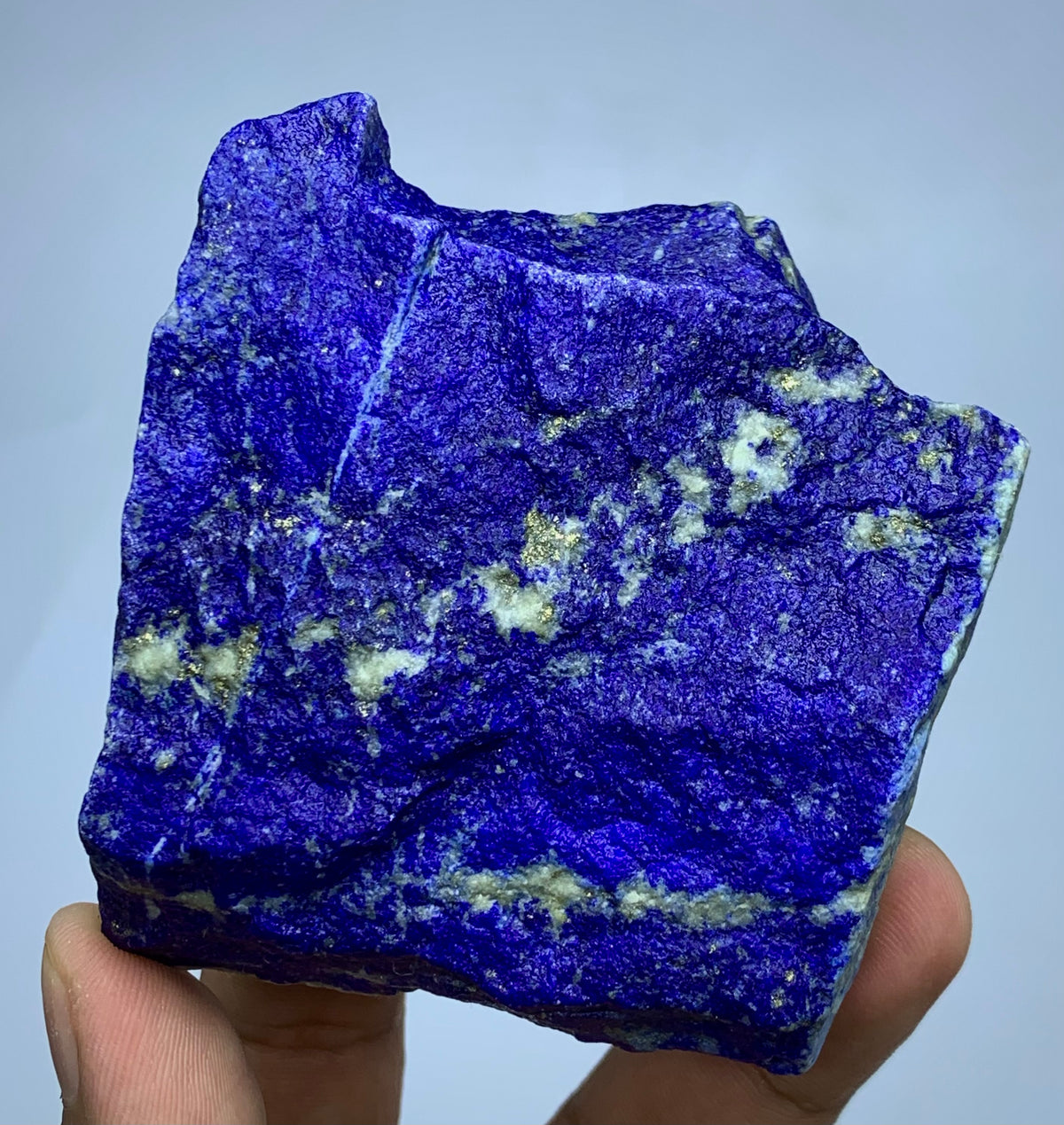 282g unpolished Lapis Lazuli with Pyrite veins
Front face of chunky Afghan Lapis Lazuli specimen