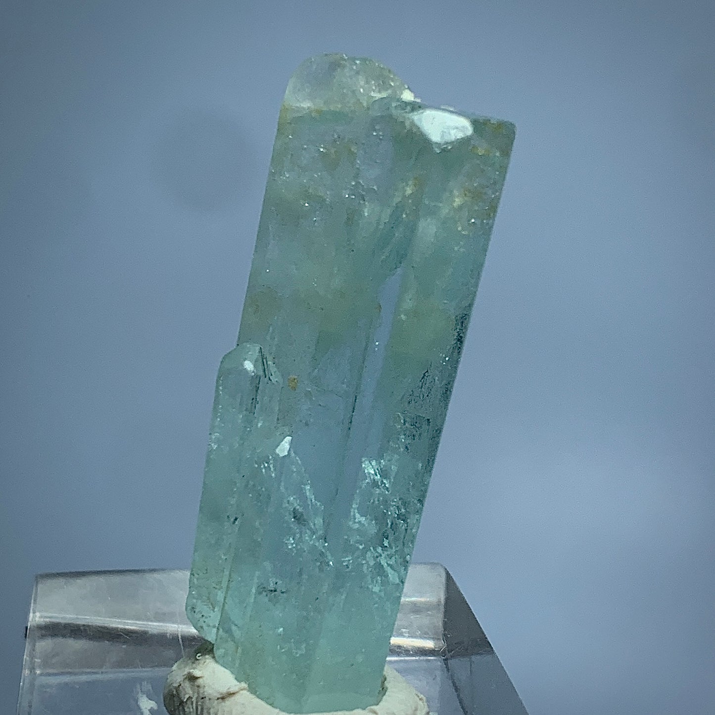 Aquamarine Crystal, Apatite, , Mineral Association, Beryl Crystal, Collector Specimen, Aesthetic Cluster, Miniature Specimen, Crystal Dimensions, Natural Specimen Clear crystal on a stand against a gray background