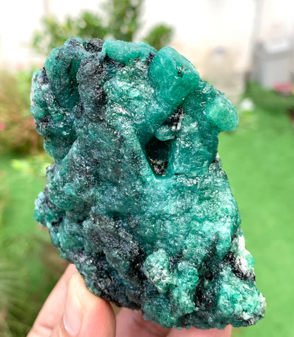 Natural Green Emerald on Matrix from Chitral Pakistan – Rough Emerald Mineral Specimen – Deep Green Crystals – 330g
