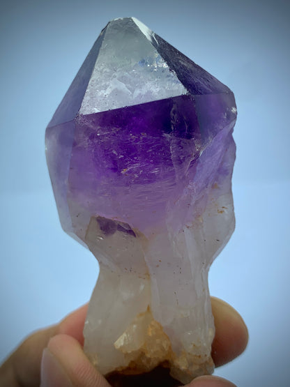 Amethyst crystal held in a hand against a light grey background methyst Scepter, Amethyst Crystal, Quartz Specimen, Natural Mineral, Amethyst on Quartz, Afghan Amethyst, Scepter Quartz, High Quality Crystal, Deep Purple Amethyst, Carat, Crystal Cluster, Raw Crystal, Collector Specimen