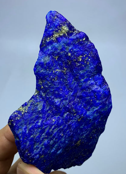 A raw, rough-cut natural lapis lazuli crystal with bright royal blue color and metallic gold pyrite inclusions, held by a hand against a light gray background.