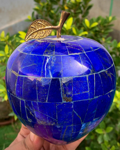 Lapis Lazuli Apple Sculpture, Blue Gemstone Fruit Figurine with Gold Tone Leaf, Natural Stone Carving, 1783g Collectible Home Decor