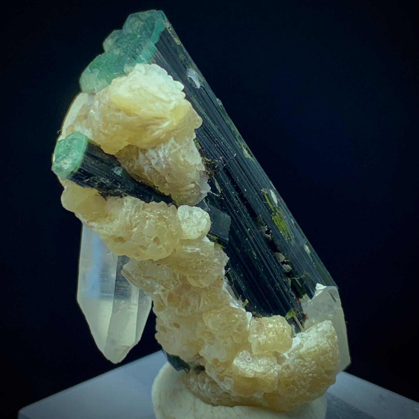 Blue Cap Tourmaline, 87 Carat, Quartz Cluster, Mica Matrix, Tourmaline Crystal, Collector Specimen, Aesthetic Cluster, Rare Mineral, Crystal Dimensions, Miniature Specimen, Throat Chakra, Elbaite, Tourmaline on Quartz