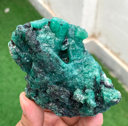 Natural Green Emerald on Matrix from Chitral Pakistan – Rough Emerald Mineral Specimen – Deep Green Crystals – 330g