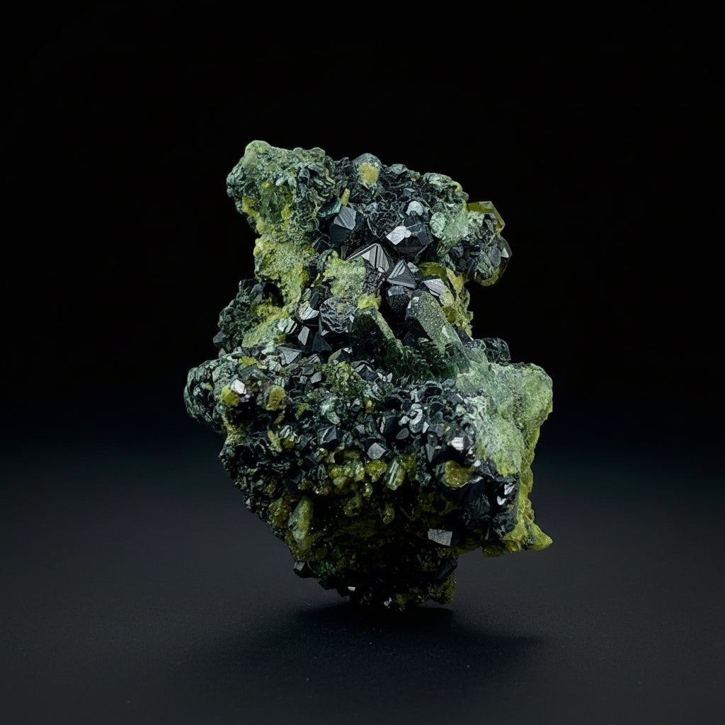 Magnetite, Vesuvianite, Diopside, Mineral Association, 305 Carats, Skarn Mineral, Black Mineral, Green Mineral, Collector Specimen, Complex Mineralogy, Grounding Stone, Crystal Dimensions, Pyroxene