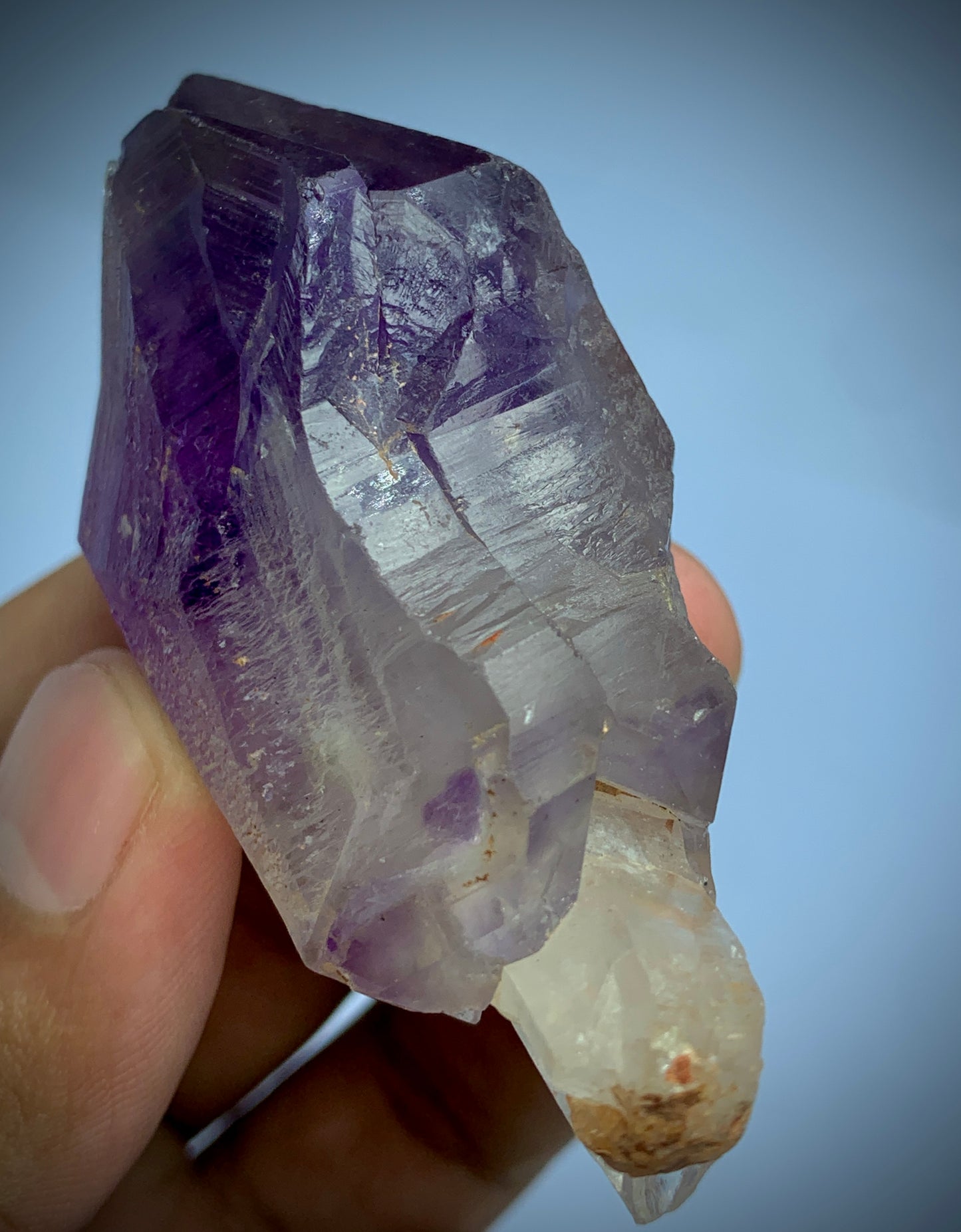 Amethyst crystal held in a hand against a blue background Amethyst Scepter, Amethyst Crystal, Quartz Specimen, Natural Mineral, Amethyst on Quartz, Afghan Amethyst, Scepter Quartz, High Quality Crystal, Deep Purple Amethyst, Carat, Crystal Cluster, Raw Crystal, Collector Specimen