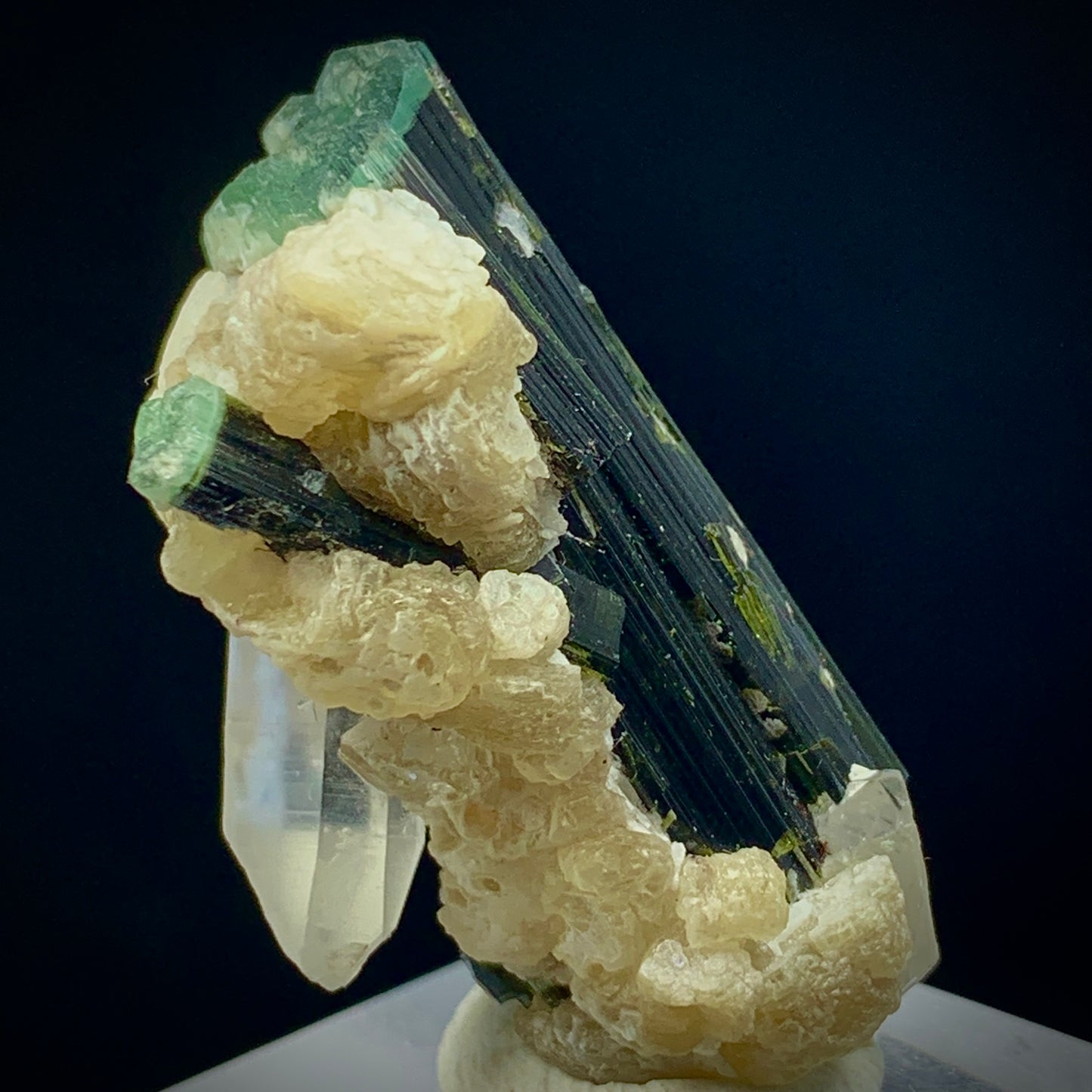 Blue Cap Tourmaline, 87 Carat, Quartz Cluster, Mica Matrix, Tourmaline Crystal, Collector Specimen, Aesthetic Cluster, Rare Mineral, Crystal Dimensions, Miniature Specimen, Throat Chakra, Elbaite, Tourmaline on Quartz