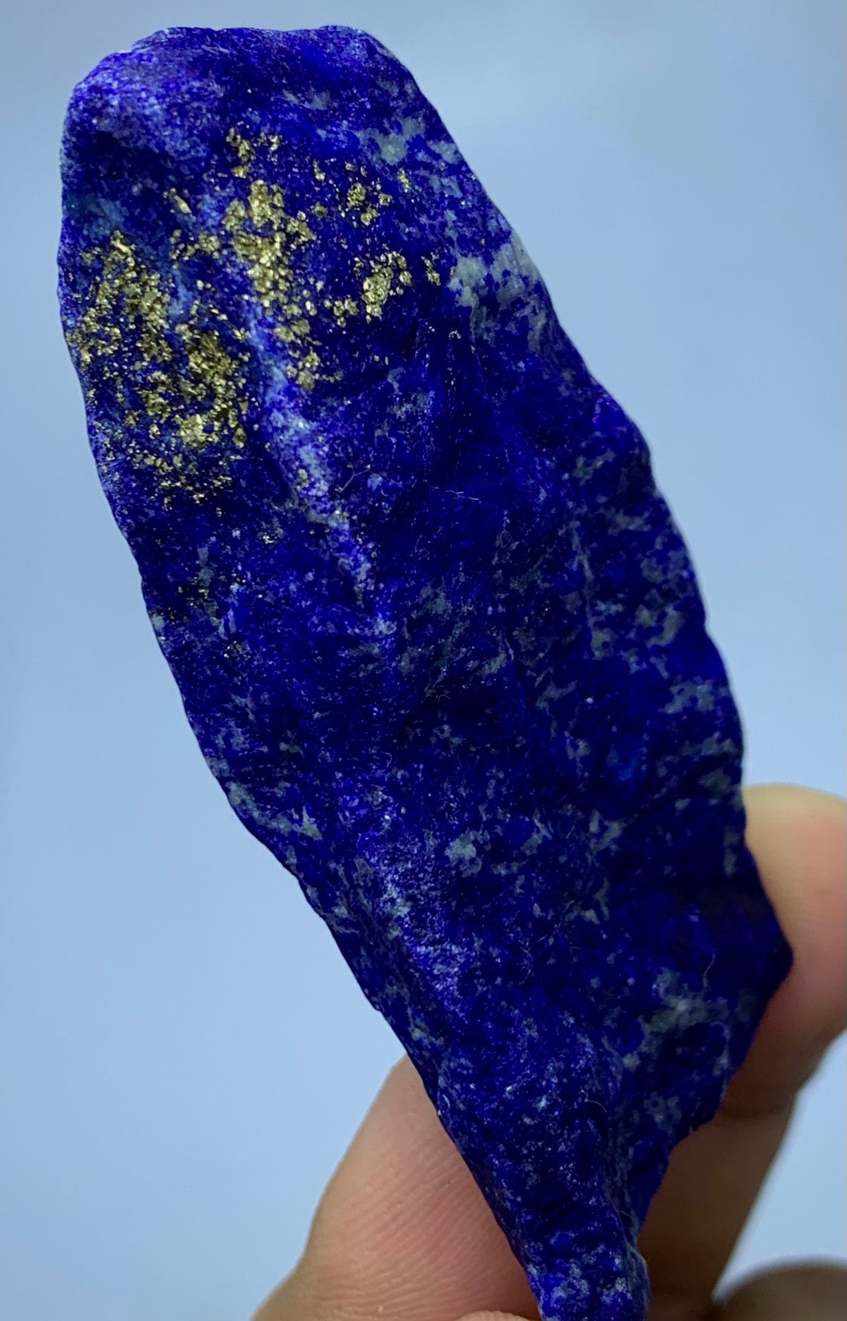 A raw, rough-cut lapis lazuli crystal specimen held by a hand against a light blue background. The crystal is deep blue with bright golden-yellow pyrite flecks and white calcite inclusions.