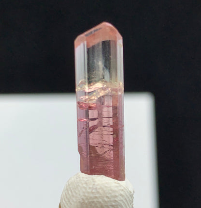 A pink tourmaline crystal point mounted on a clear display stand, with a textured white holder at the base, set against a split black and white background.