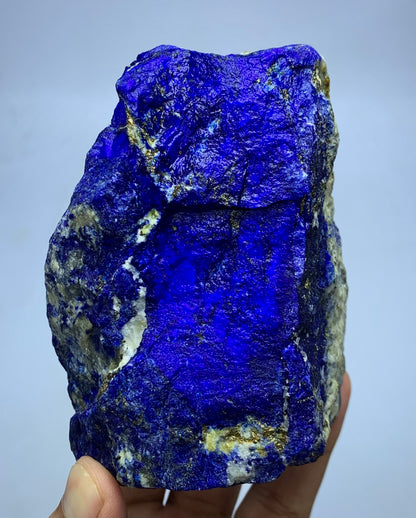 A raw blue lapis lazuli crystal specimen with bright cobalt blue matrix and gold pyrite veins, held in a person's hand against a light gray background.