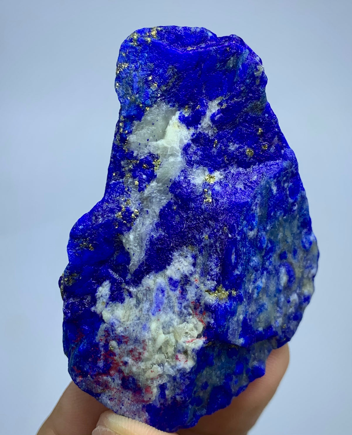 A raw blue lapis lazuli crystal specimen with white and gold mineral inclusions, held in a person's hand against a light gray background.