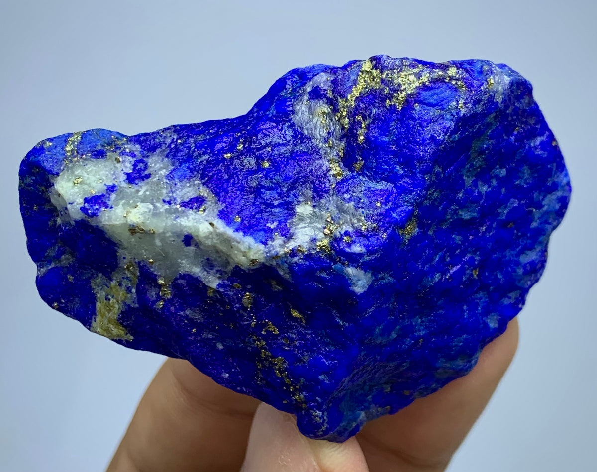 A raw blue lapis lazuli crystal specimen with gold pyrite veins and white calcite inclusions, held in a person's hand against a light gray background.