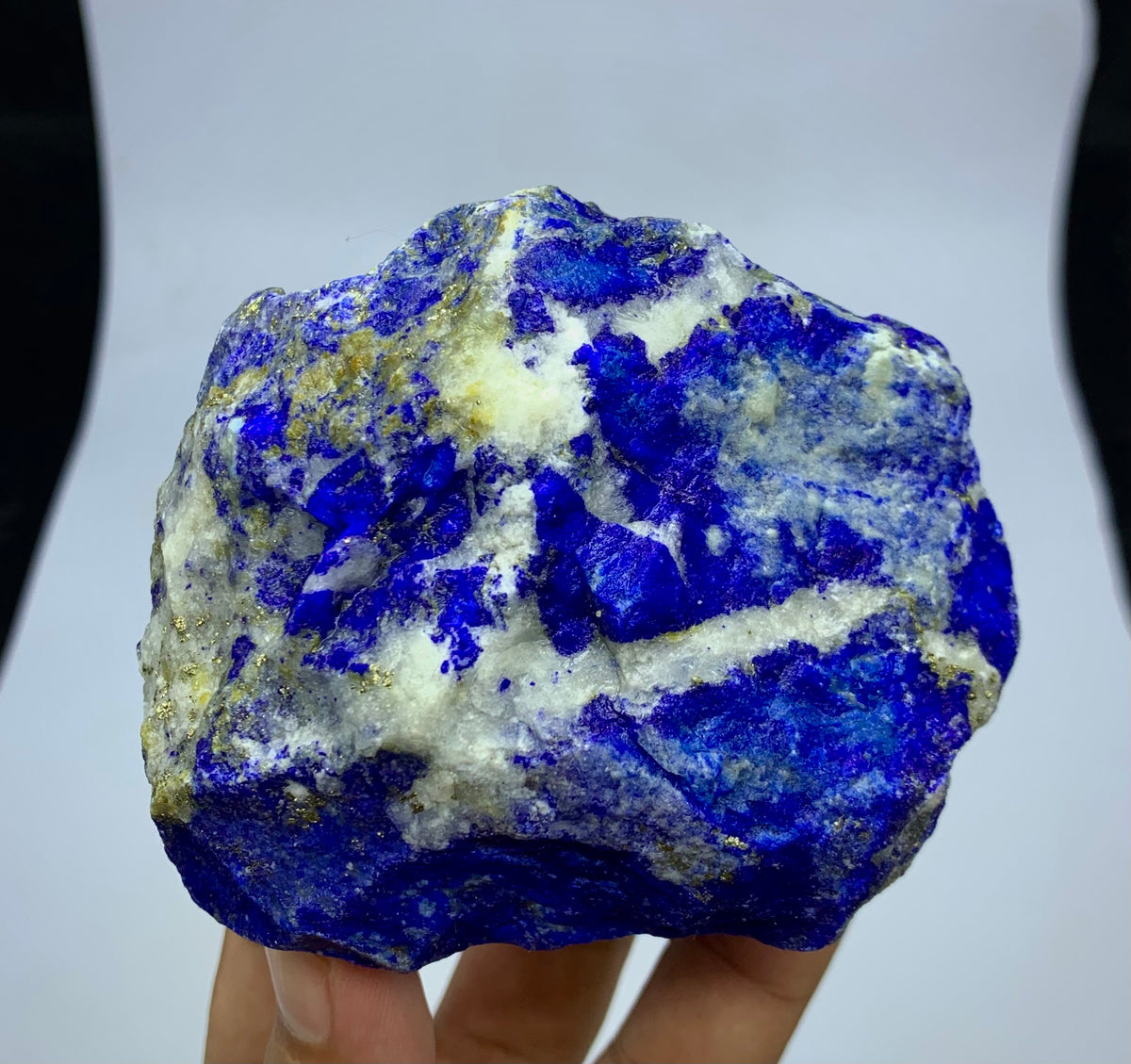 A raw lapis lazuli crystal specimen with deep blue and white crystalline patterns and small gold flecks, held in a person's hand against a plain light background.