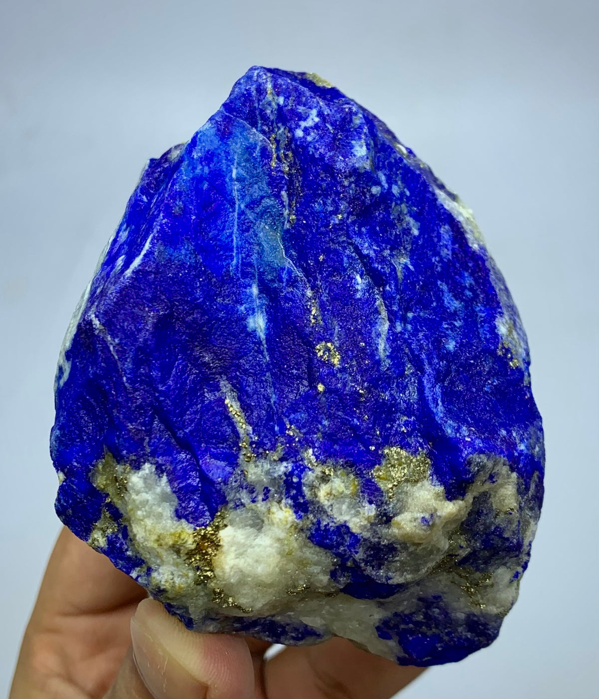 A raw lapis lazuli crystal specimen with deep blue, white, and golden pyrite mineral inclusions, held in a person's hand against a light gray background.