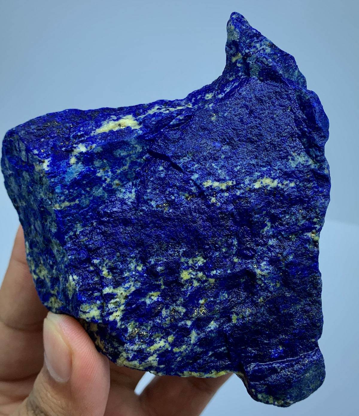 Afghan Lapis Lazuli specimen, side profile view
395g raw Lapis Lazuli specimen with Pyrite veins
Lapis Lazuli rough specimen, front angle, deep blue color
Close-up view of Pyrite veins on Lapis Lazuli specimen
Badakhshan Lapis Lazuli specimen, natural rough texture