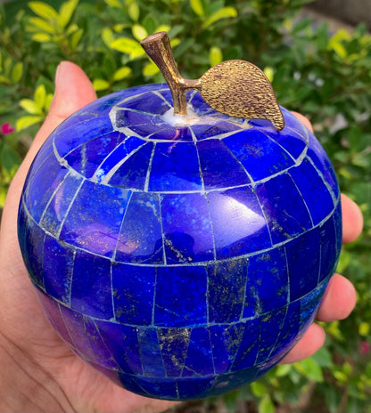 Lapis Lazuli Apple Sculpture, Blue Gemstone Fruit Figurine with Gold Tone Leaf, Natural Stone Carving, 1783g Collectible Home Decor