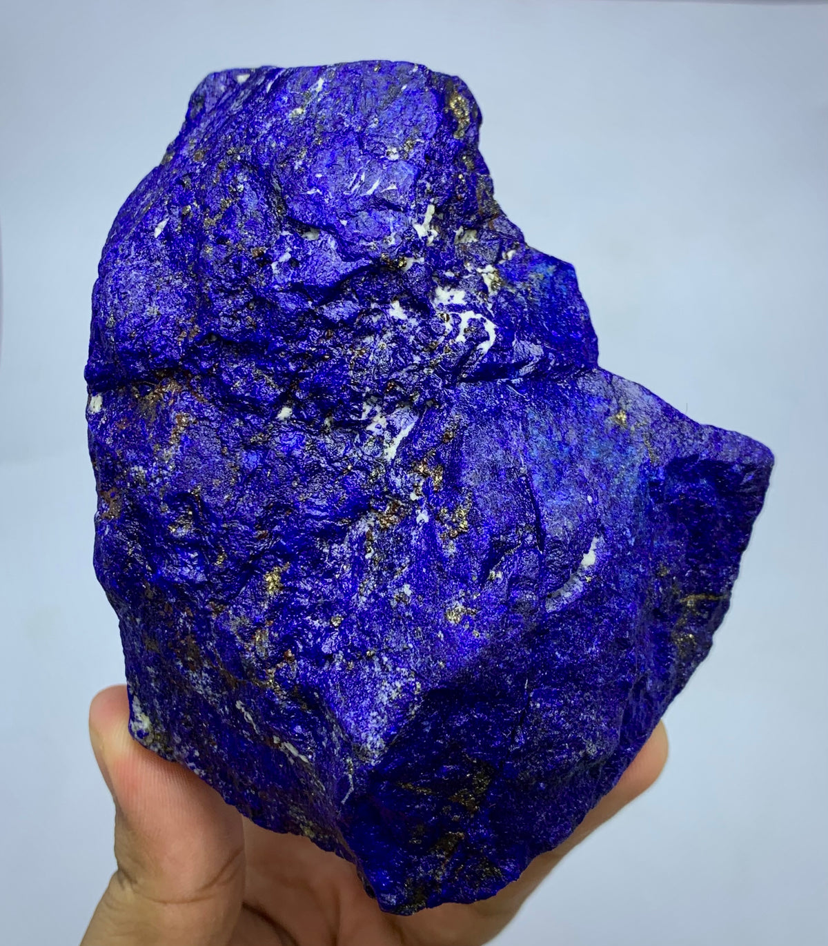 780g raw Lapis Lazuli specimen with Pyrite inclusions
Lapis Lazuli rough boulder, front angle, deep blue color
Close-up view of Pyrite veins on Lapis Lazuli specimen
Badakhshan Lapis Lazuli boulder, natural rough textur