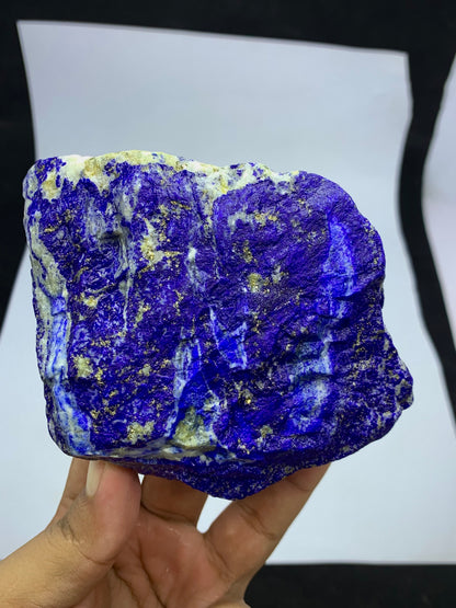 Afghan Lapis Lazuli specimen, side profile view
700g raw Lapis Lazuli specimen with Pyrite inclusions
Lapis Lazuli rough specimen, front angle, deep blue color
Close-up view of Pyrite veins on Lapis Lazuli specimen
Mine 4 Badakhshan Lapis Lazuli, natural rough texture