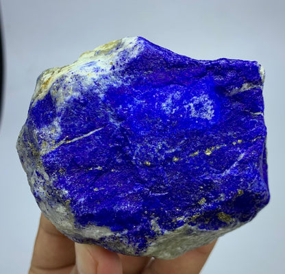 A raw lapis lazuli crystal specimen with deep blue, white, and gold mineral textures, held in a person's hand against a plain light gray background.