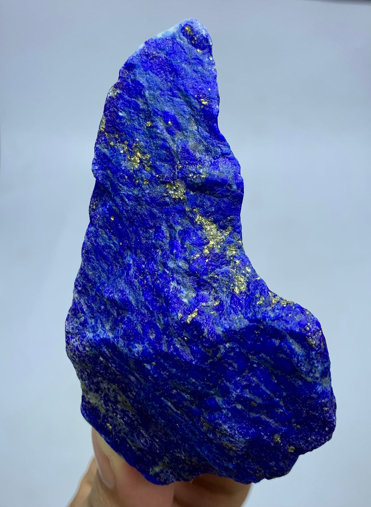 A raw, rough Lapis Lazuli crystal specimen held up by a hand, showcasing its deep blue color with bright gold pyrite inclusions against a neutral gray background.
