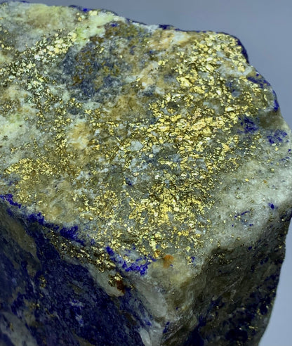 A close-up of a rough mineral or crystal specimen with prominent metallic gold flake texture over a beige and gray base, plus visible deep blue areas along the lower left edge, photographed against a plain light gray background.