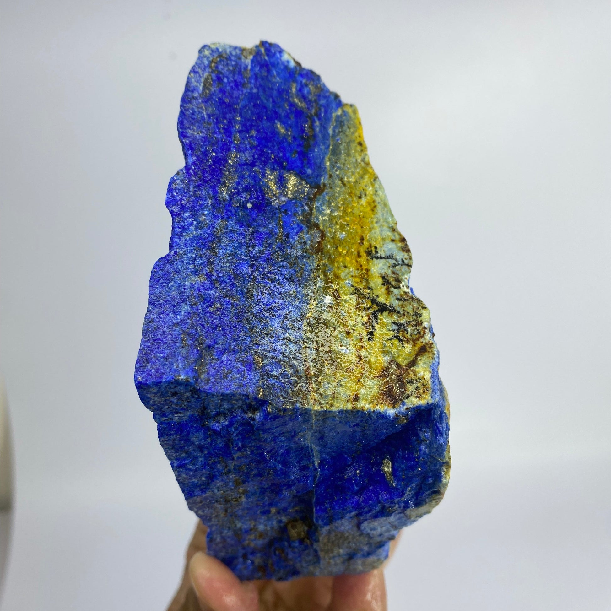 Premium 600g Royal Blue rough Lapis Lazuli from Afghanistan. Large 13.5cm long, 7.8cm extra-thick unpolished natural specimen featuring intense blue lazurite and golden pyrite.