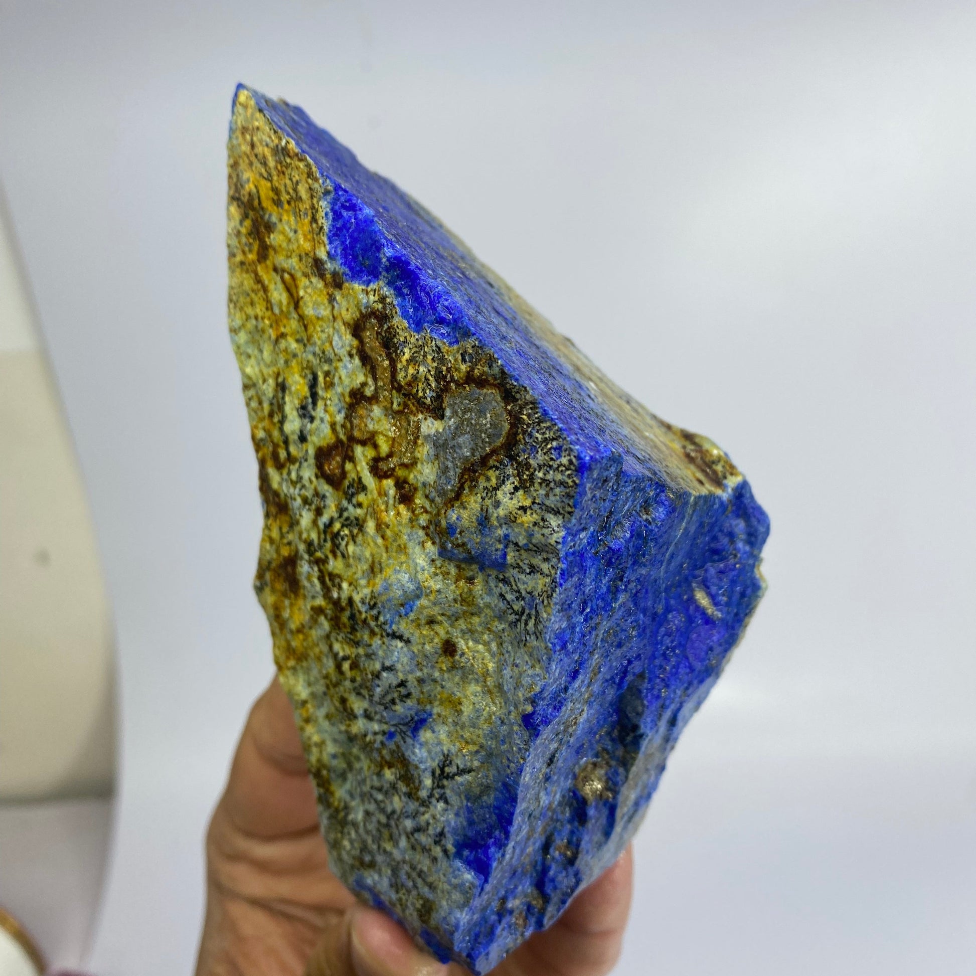 Premium 600g Royal Blue rough Lapis Lazuli from Afghanistan. Large 13.5cm long, 7.8cm extra-thick unpolished natural specimen featuring intense blue lazurite and golden pyrite.