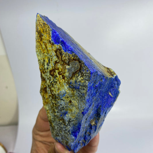 Premium 600g Royal Blue rough Lapis Lazuli from Afghanistan. Large 13.5cm long, 7.8cm extra-thick unpolished natural specimen featuring intense blue lazurite and golden pyrite.