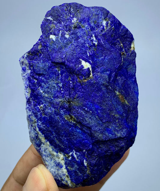 A raw, rough-cut lapis lazuli crystal specimen held in a hand against a light gray background. The stone features a vibrant deep blue color with natural white and light gold matrix veining.