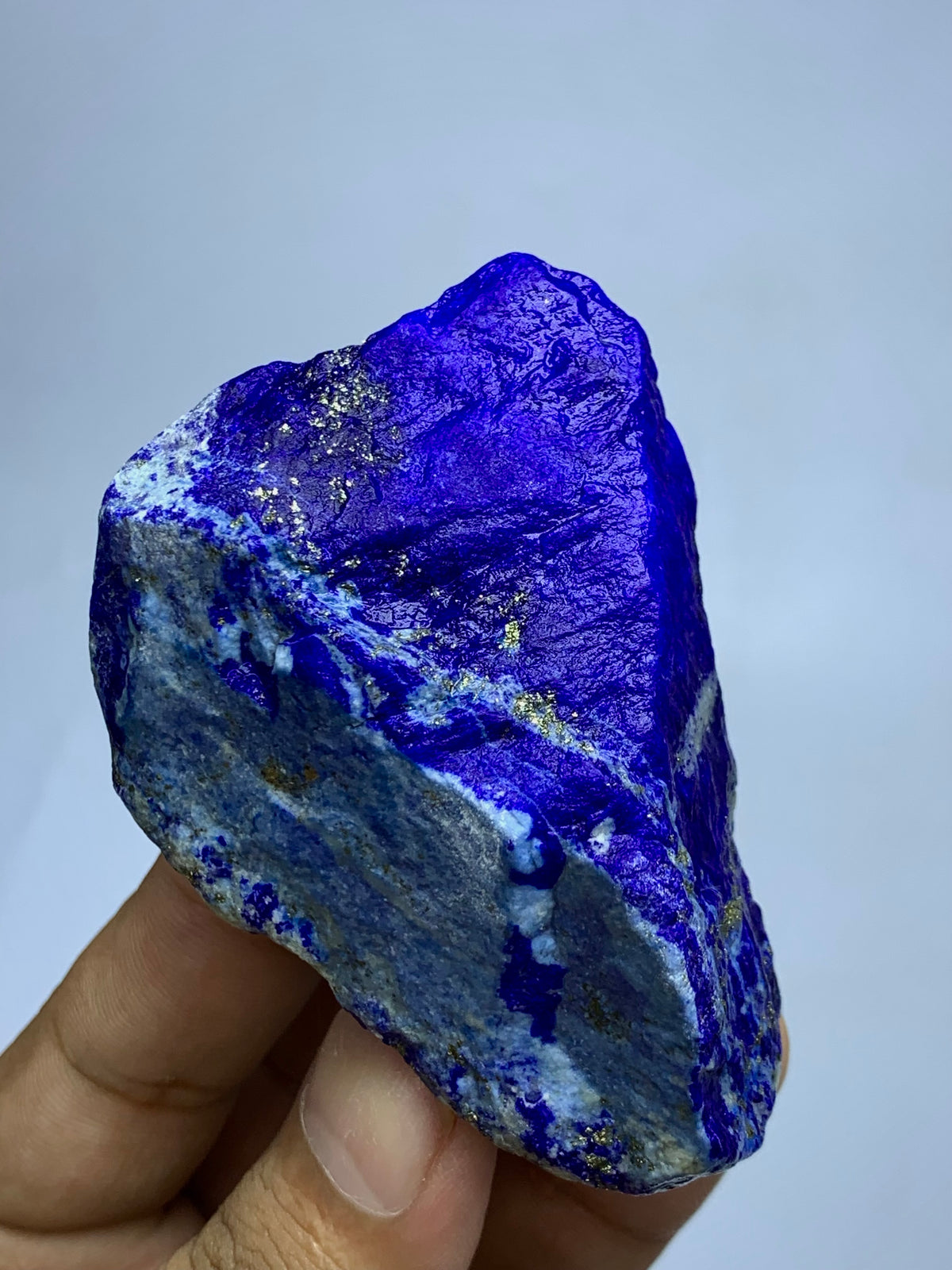 Lapis Lazuli rough specimen, front angle, deep blue color
Close-up view of Pyrite veins on Lapis Lazuli specimen