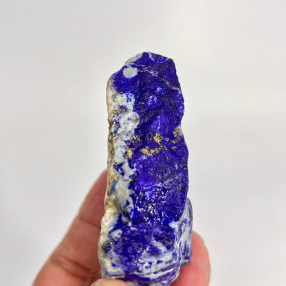 160g raw Lapis Lazuli specimen with Pyrite veins
Lapis Lazuli rough specimen, front angle, deep blue color
Close-up view of Pyrite veins on Lapis Lazuli specimen
Badakhshan Lapis Lazuli specimen, natural rough texture