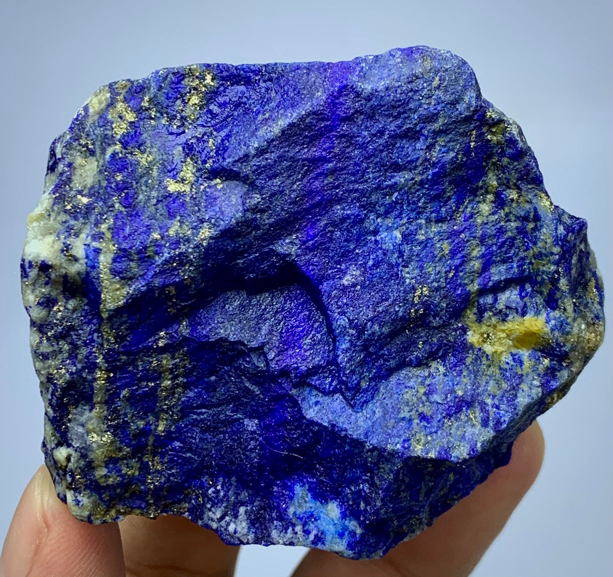 Afghan Lapis Lazuli specimen, side profile view
285g raw Lapis Lazuli specimen with Pyrite inclusions
Lapis Lazuli rough specimen, front angle, royal blue color
Close-up view of gold Pyrite veins on Lapis Lazuli
Badakhshan Lapis Lazuli specimen, natural rough texture