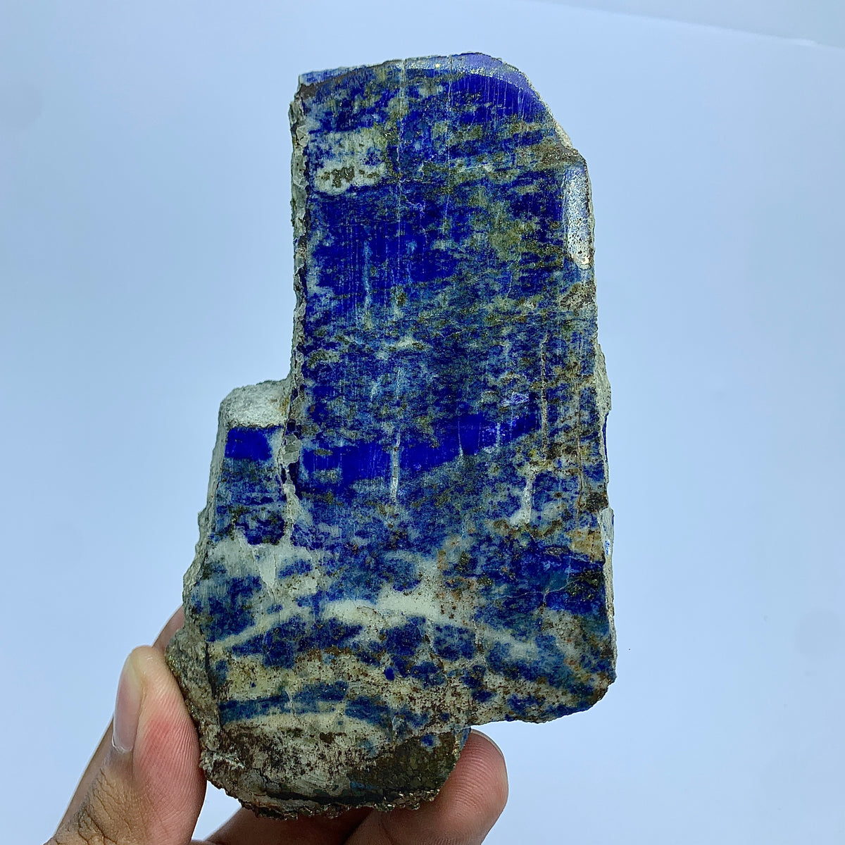 A hand holding a raw lapis lazuli crystal specimen with deep blue matrix and white veining, shown against a plain light blue background.